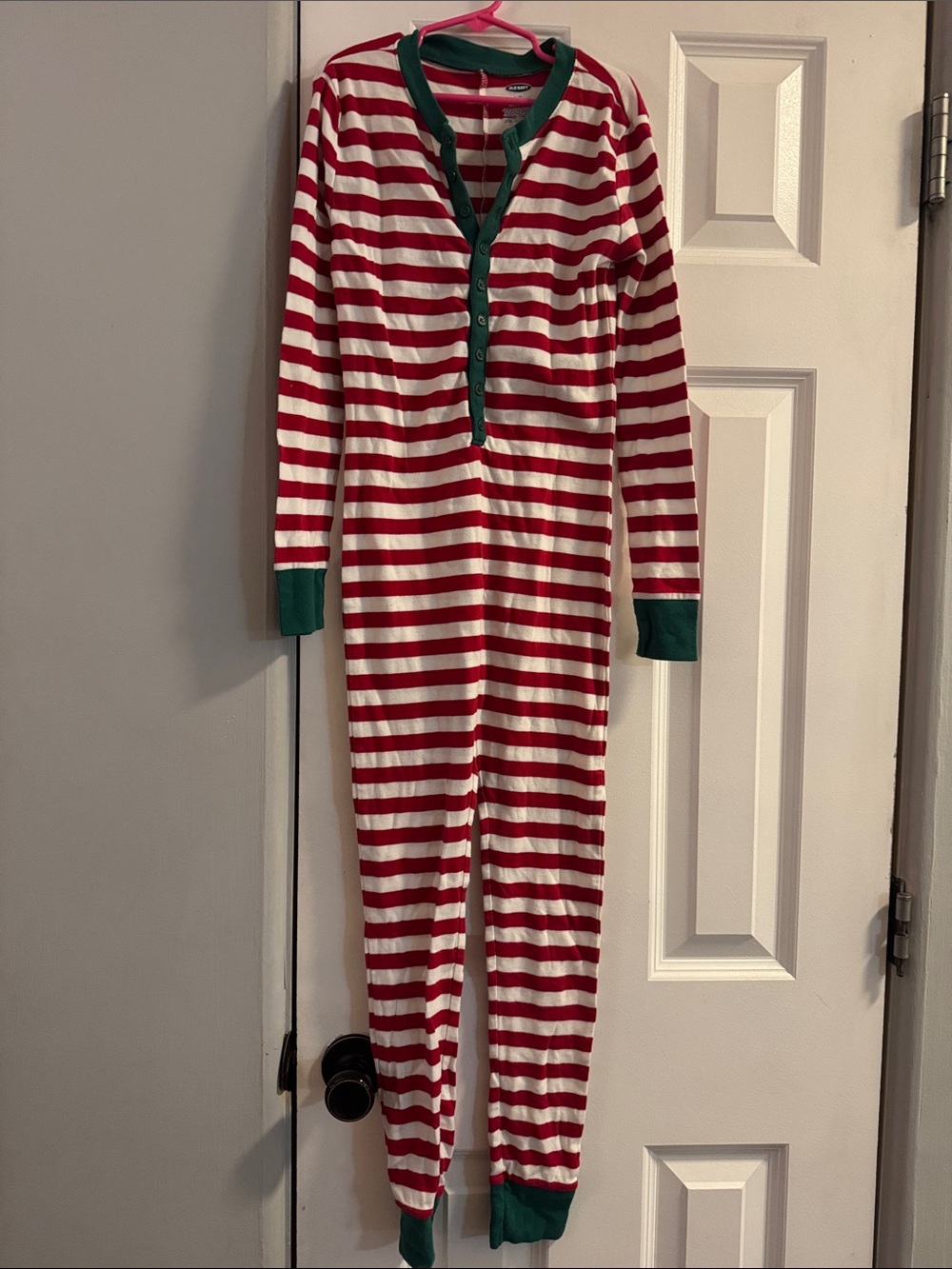 Old Navy Red & White Striped Kids One-Piece Pajama with Green Trim
